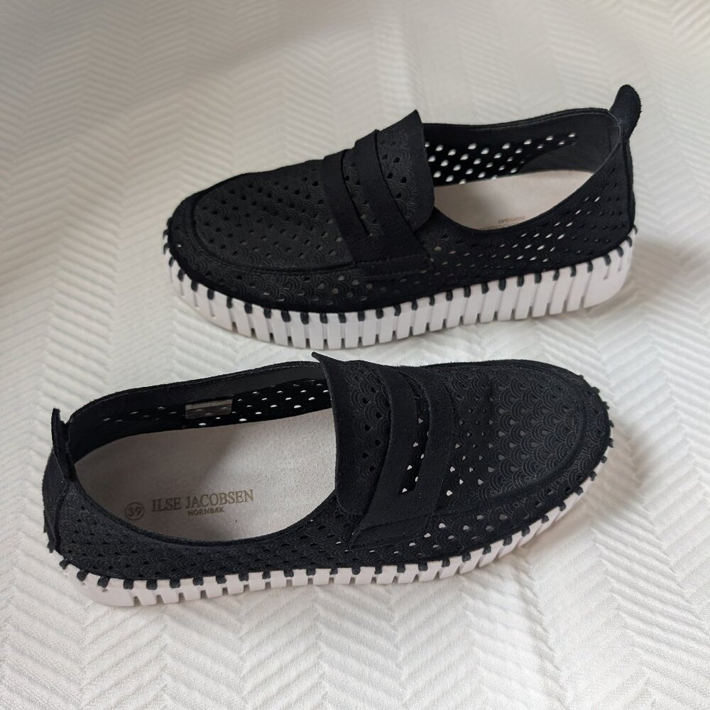 Ilse Jacobson Hornbaek Tulip Slip On Platform Loafer Shoe Black Coastal Size 8.5